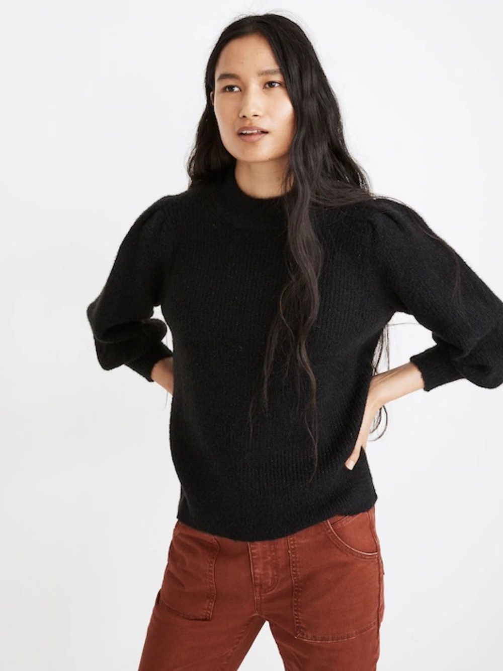 Eaton Puff-Sleeve Black Pullover Sweater-L